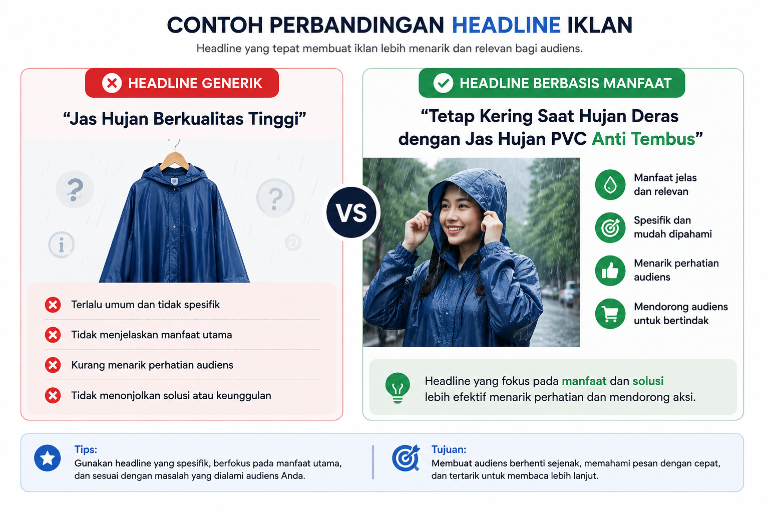Perbandingan headline iklan generik dan headline berbasis manfaat yang lebih menarik perhatian audiens