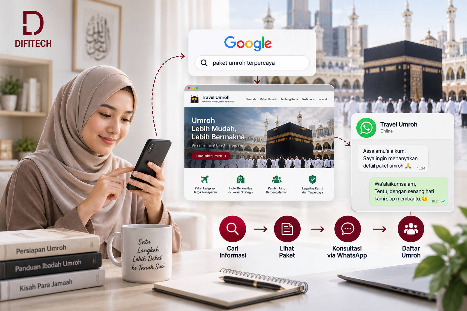 Customer journey calon jamaah travel umroh melalui Google, website, dan WhatsApp