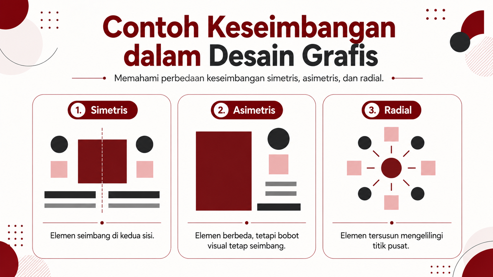 Contoh keseimbangan simetris, asimetris, dan radial dalam desain grafis
