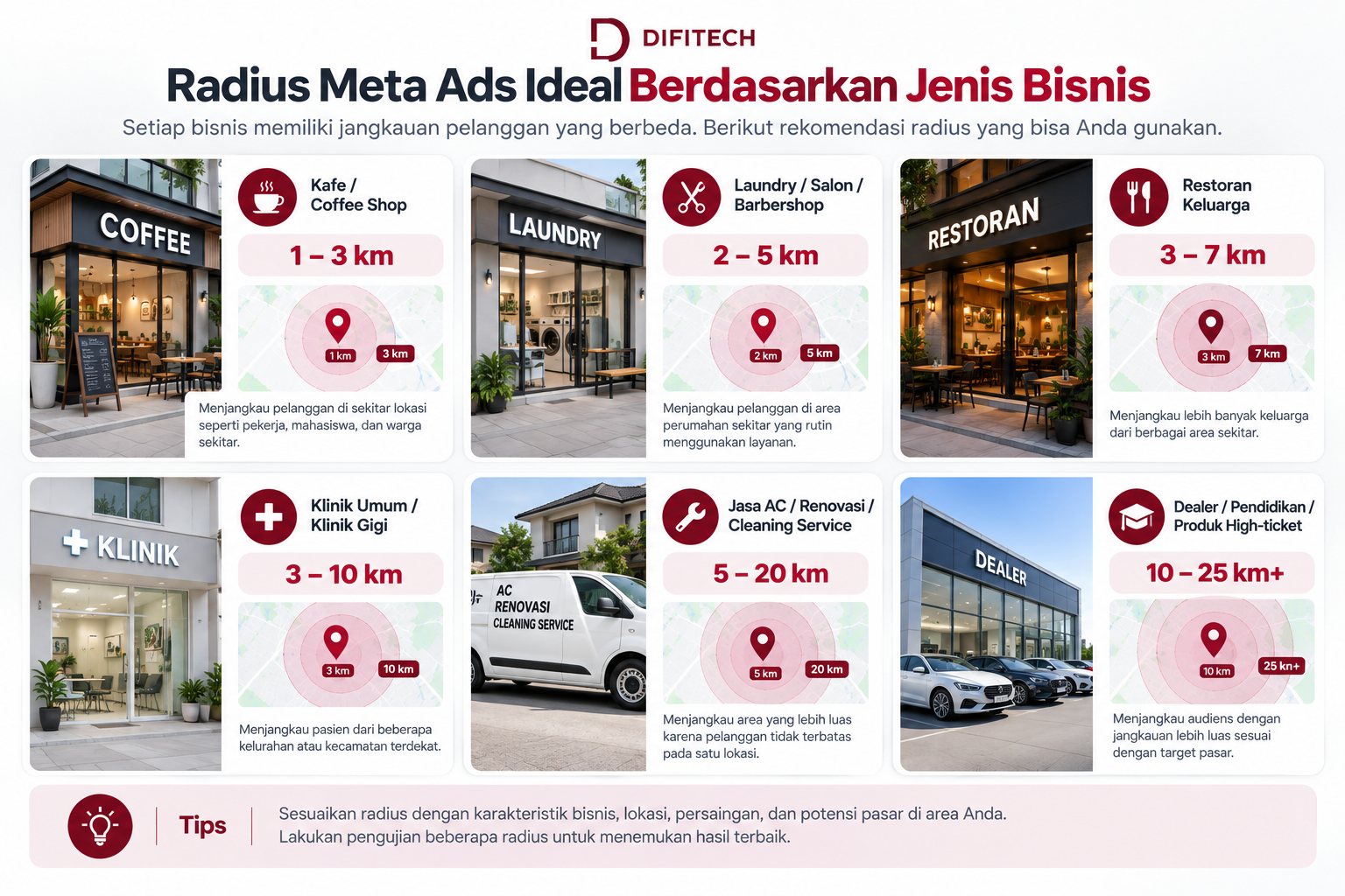 Radius Meta Ads ideal berdasarkan jenis bisnis lokal seperti kafe salon restoran klinik jasa rumah dan dealer