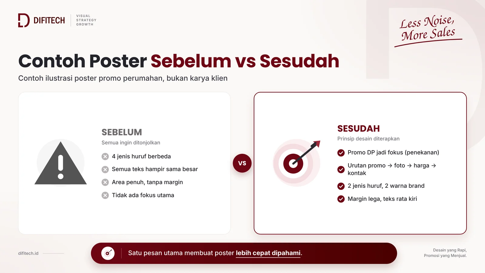 Contoh penerapan prinsip desain pada poster promo perumahan, sebelum dan sesudah diperbaiki